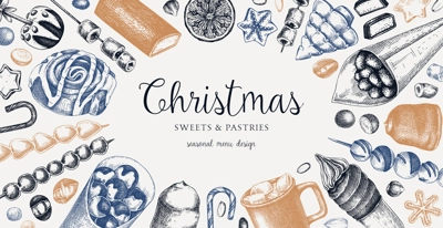Christmas food background. Christmas market design template. Hand-drawn vector illustration. Hot drinks, candies, cookies, pastries sketches. Winter holiday menu. Sweet food vintage frame